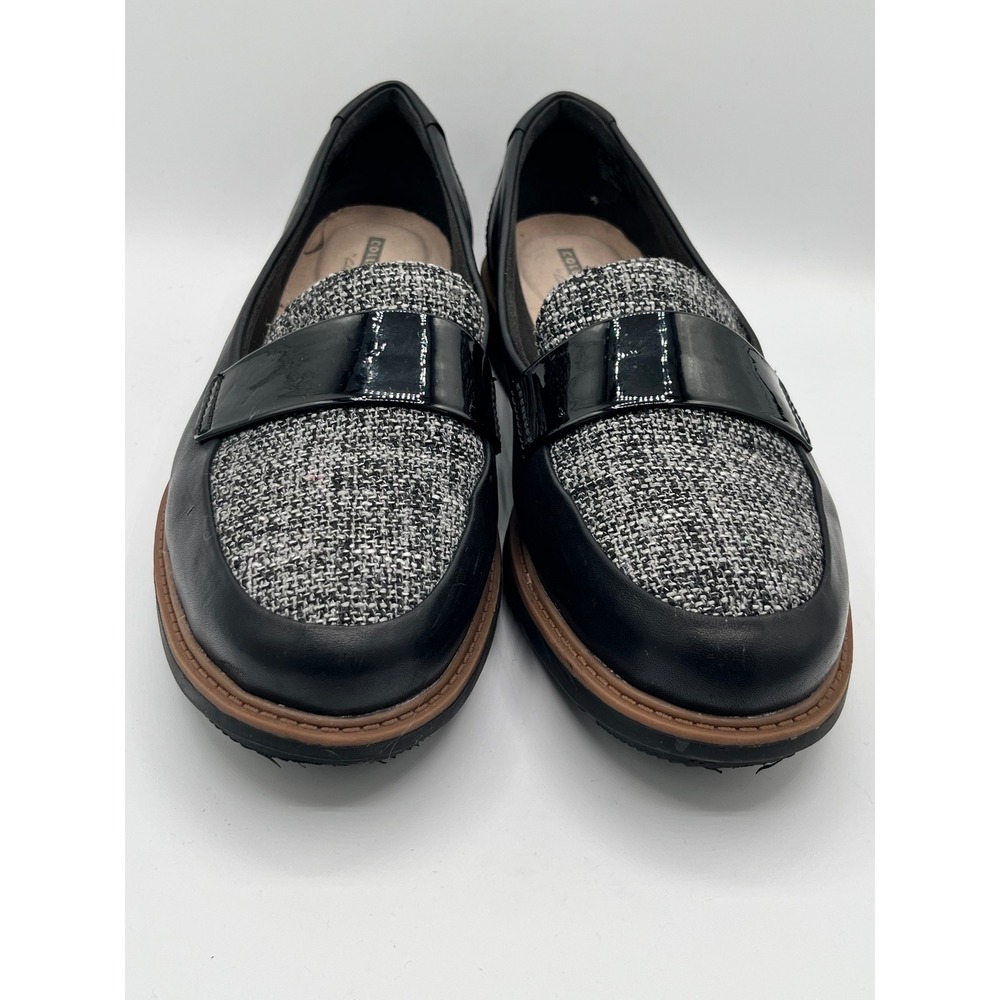 Clarks Collection Black Leather Tweed Loafers Cushion Soft Shoes Women Sz 8W